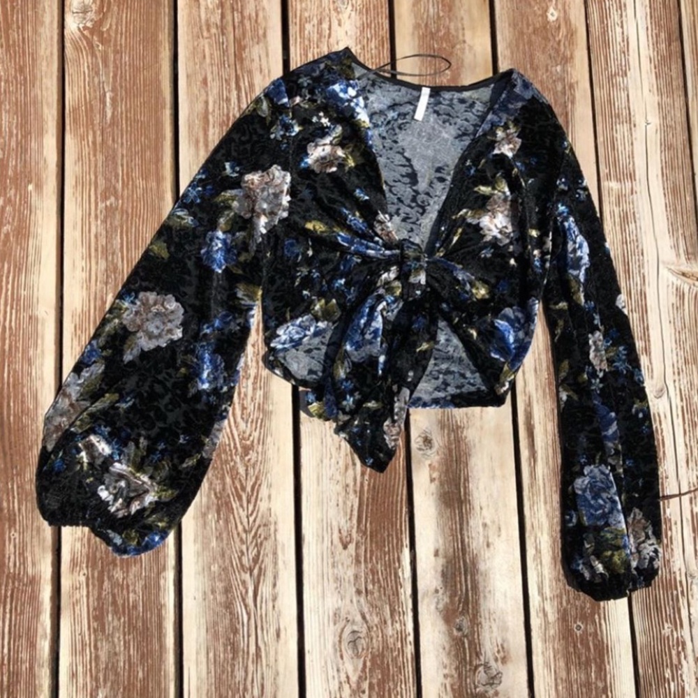 Sage floral velvet tie top